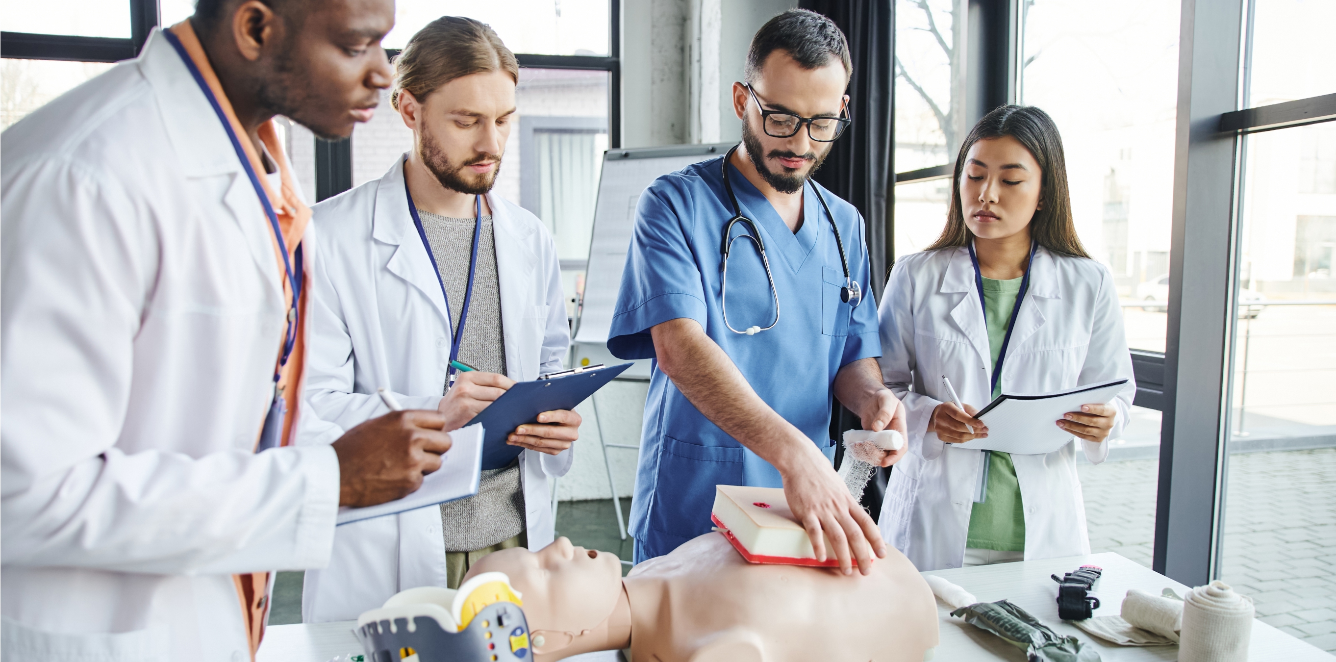 Healthcare trainees practicing CPR on a resuscitation manikin during a training session.