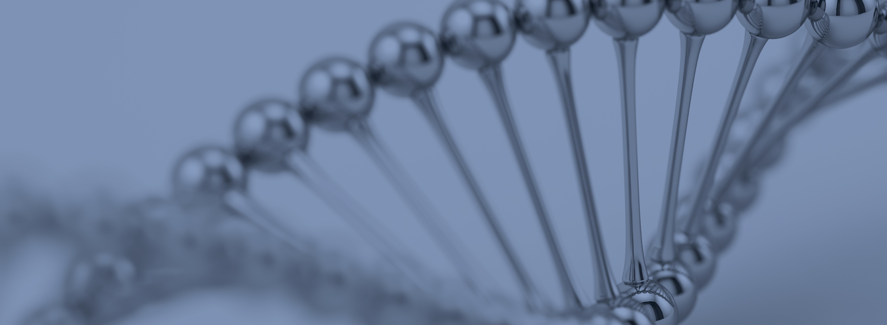 Close-up, abstract metallic DNA double helix—spherical nodes and slender struts in cool blue tones with a shallow depth of field.