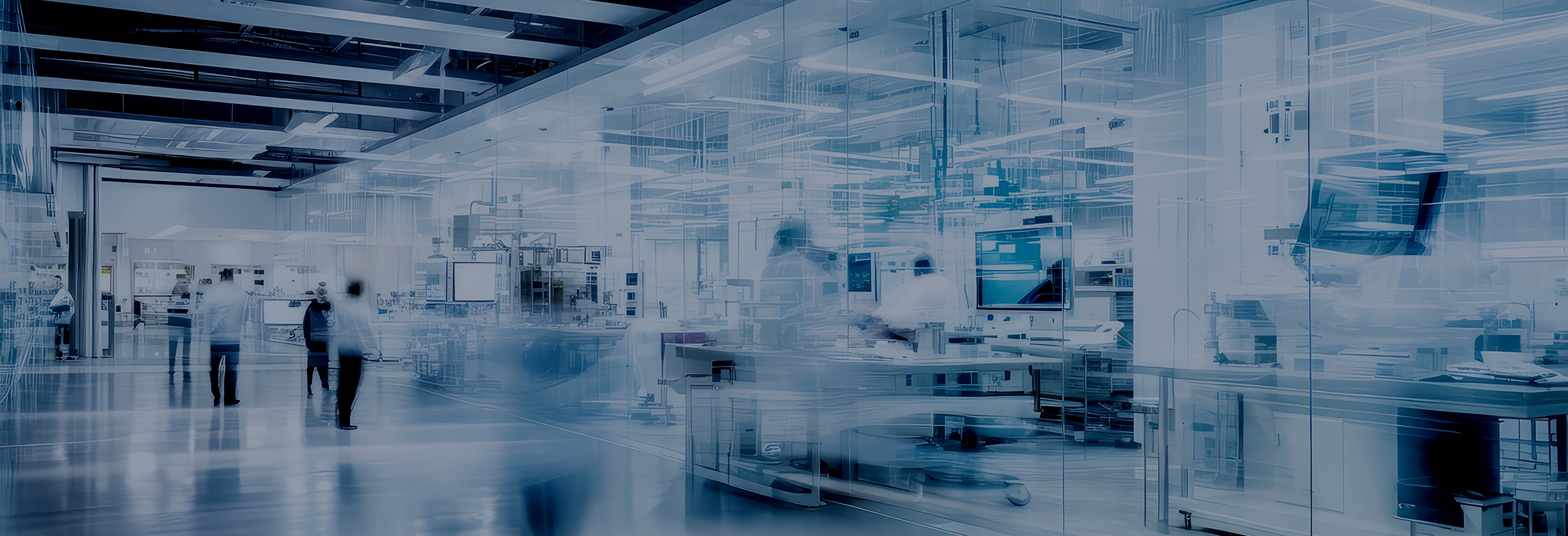 Modern cleanroom laboratory with glass walls—blurred technicians walking through a high-tech workspace filled with benches, monitors, and overhead lighting in cool blue tones.