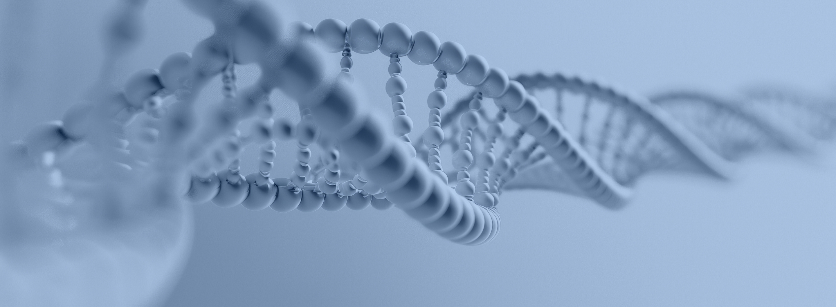 Close-up 3D rendering of a DNA double helix in cool blue tones, with bead-like nucleotides spiraling into the distance.