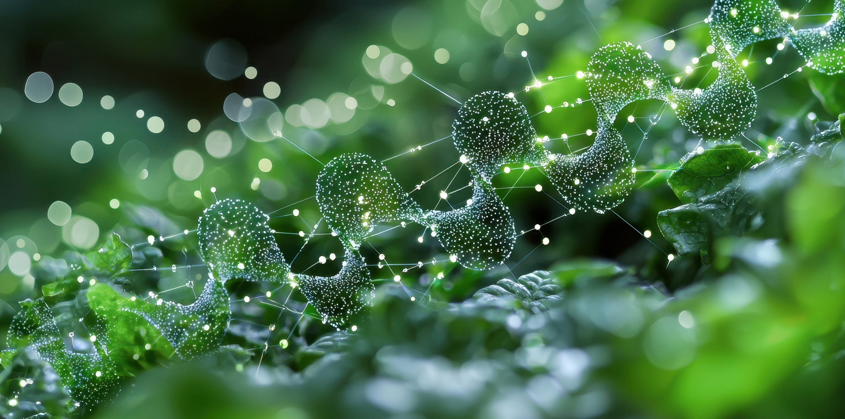 Abstract DNA helix of glowing particles over green leaves, symbolizing plant genomics.