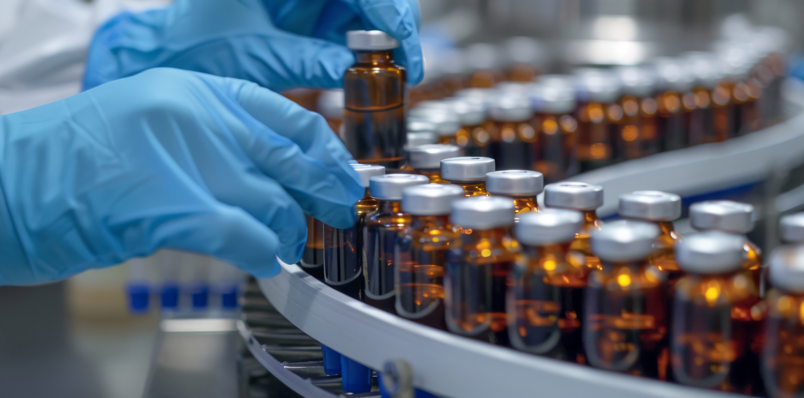 Gloved hands handling amber glass vials on a pharmaceutical filling-line conveyor.
