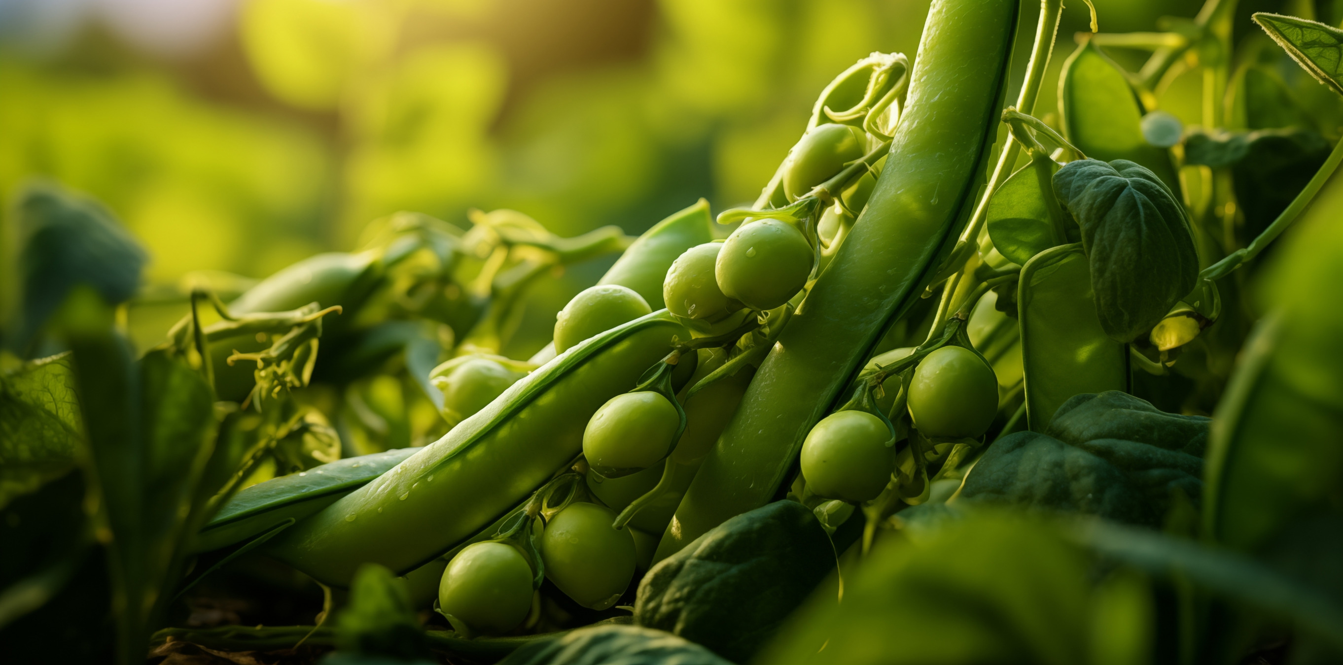 Close-up of pea pods and peas growing on the vine.
