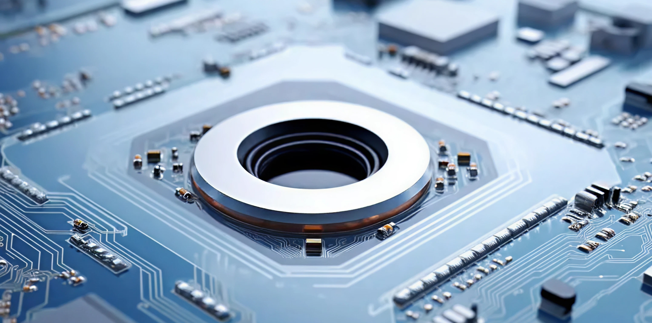 Close-up of a circuit board with a circular metal component.