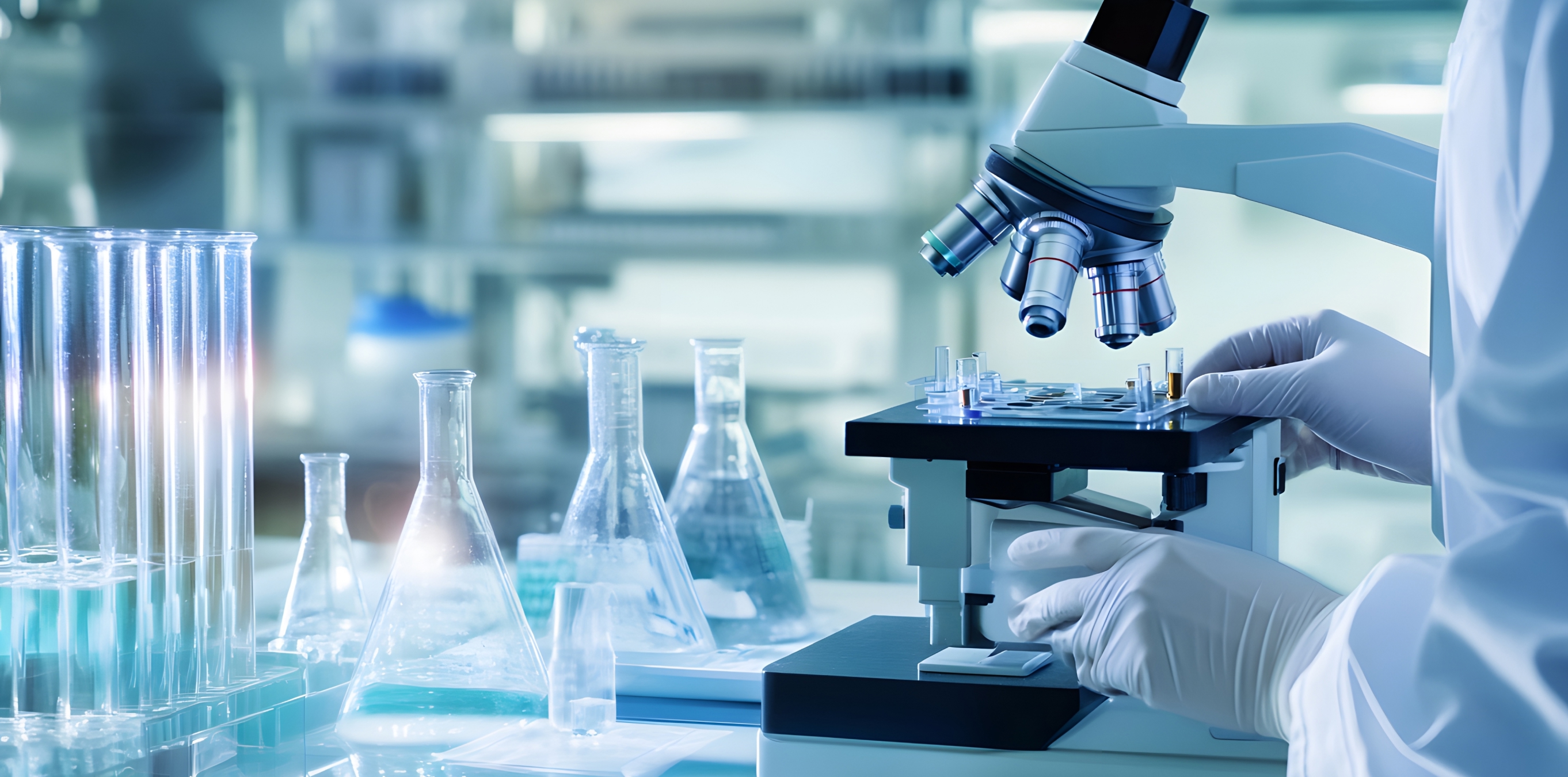 Gloved researcher adjusting a microscope stage amid glass beakers and test tubes in a lab.