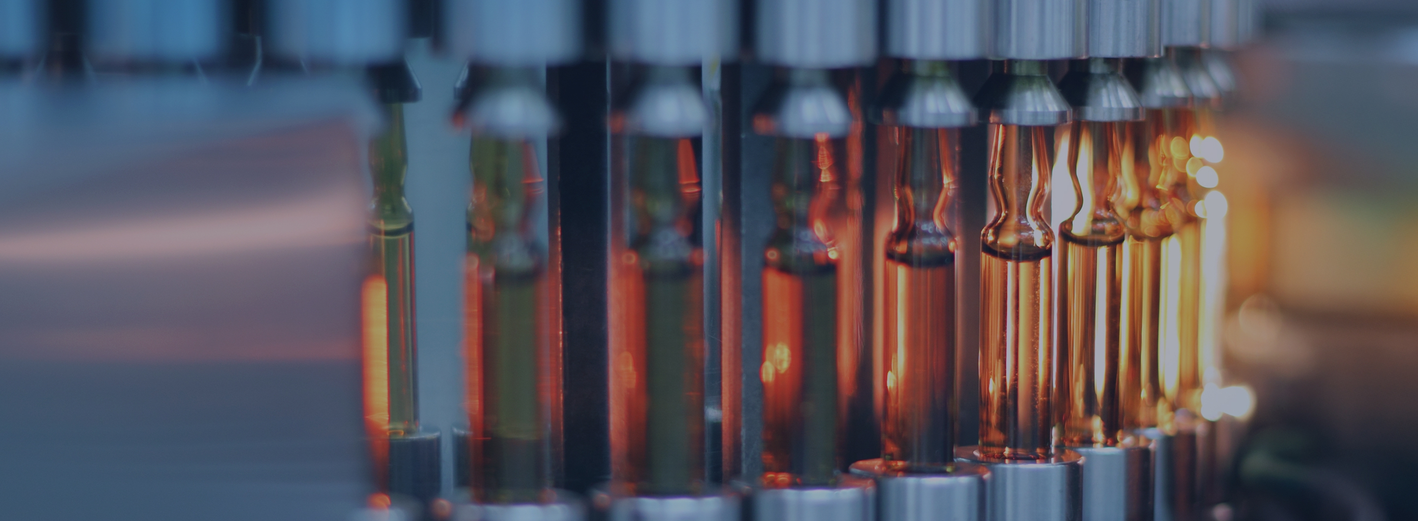 Rotary pharmaceutical machine heat-sealing sterile amber glass ampoules on a production line.